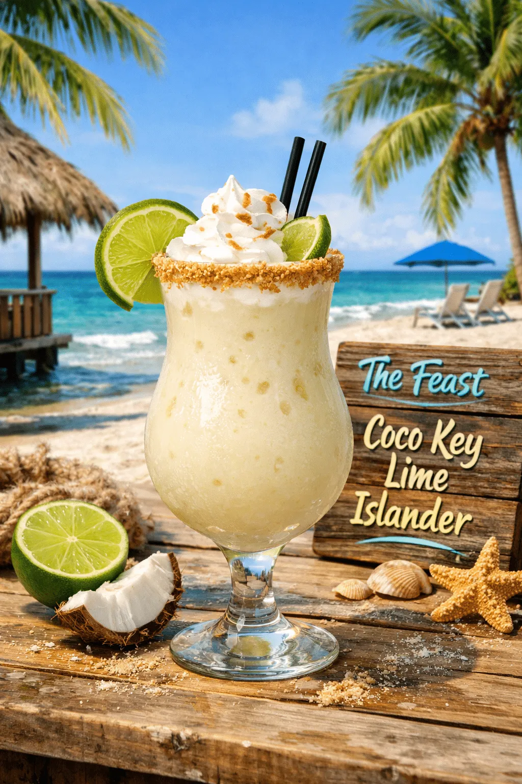 Coco Key Lime Islander Craft Cocktail from The Feast Restaurant stylized image in a tropical setting