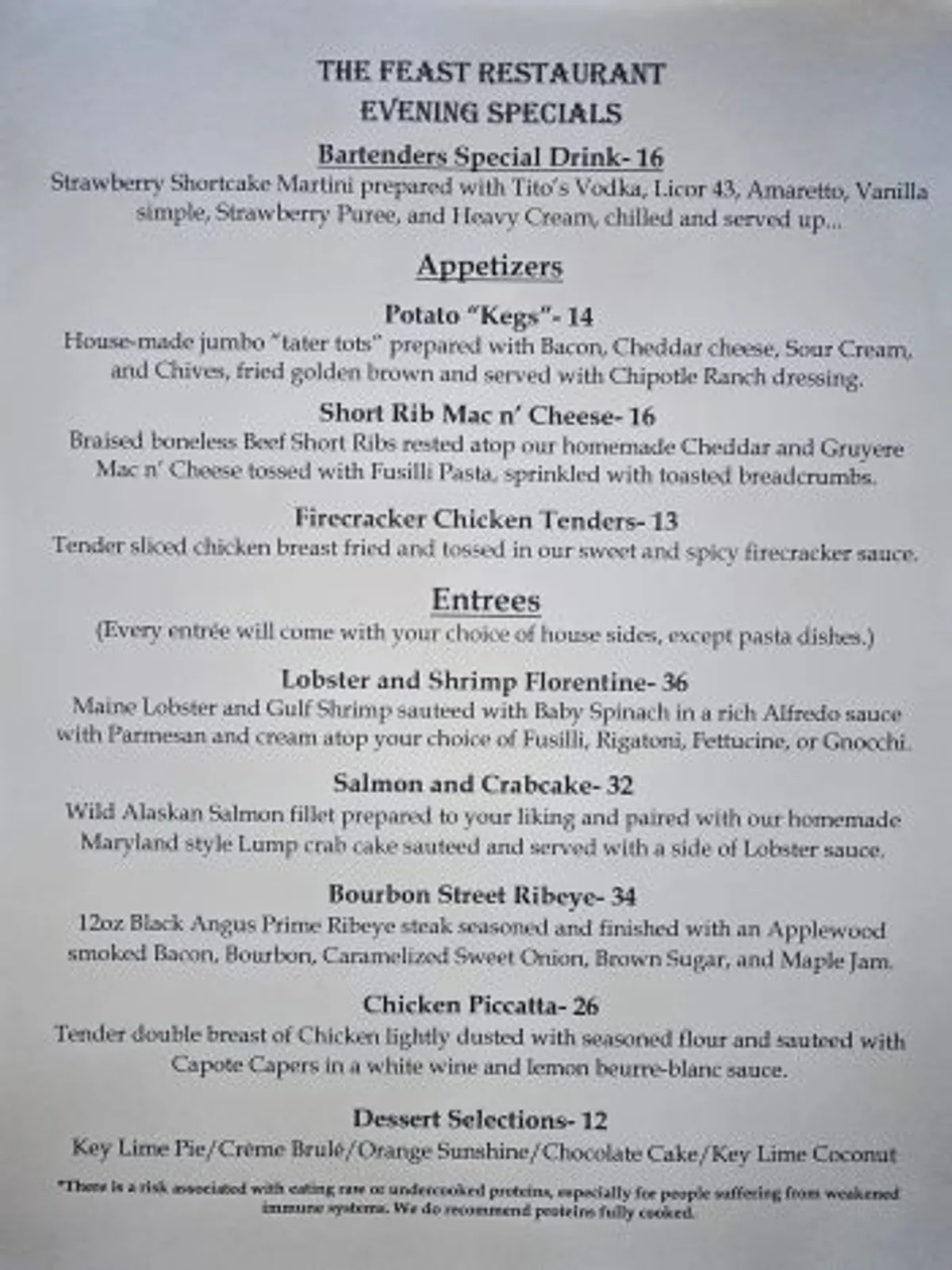 Feast Dinner Specials 8-17-25