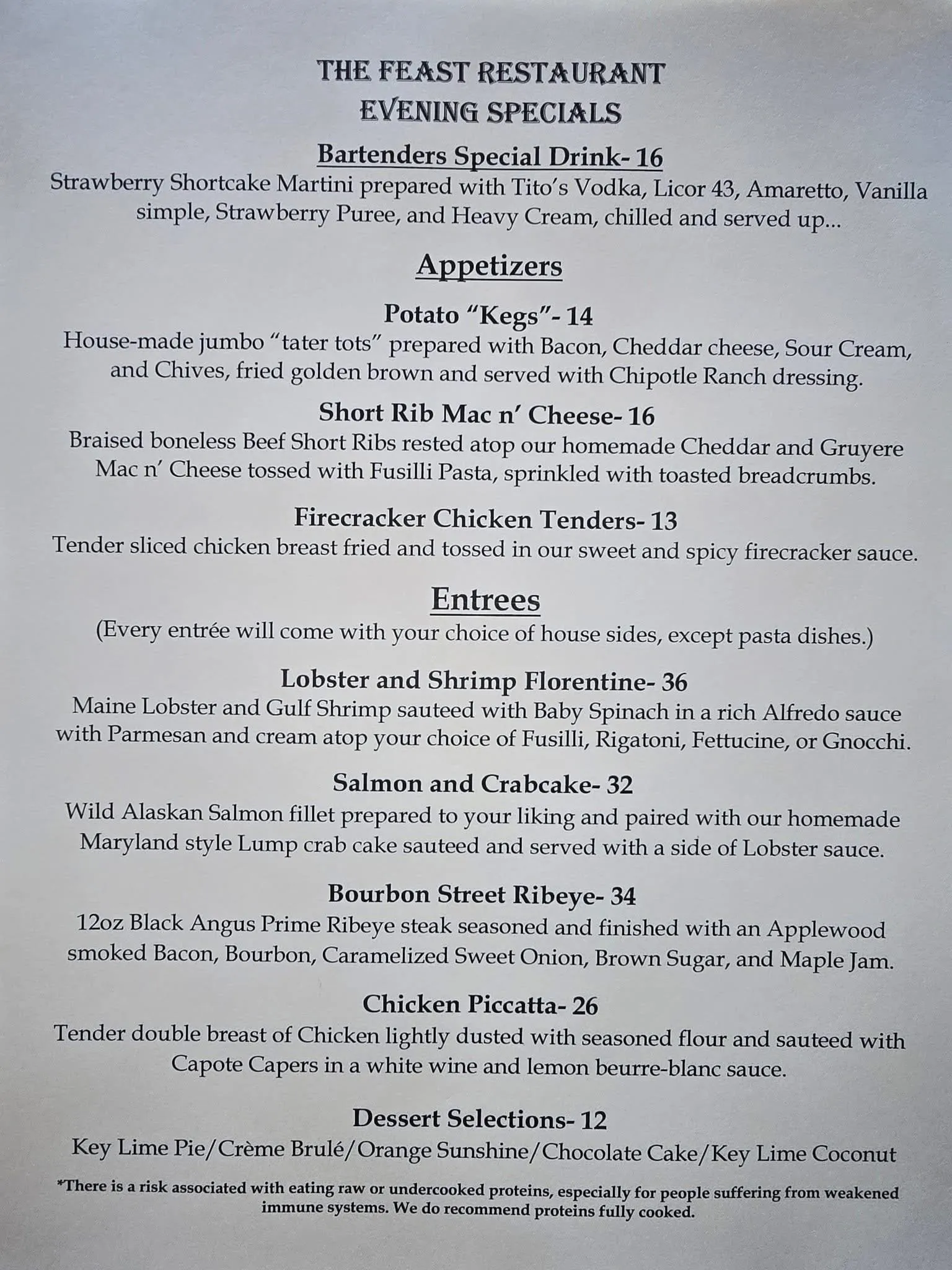 Feast Dinner Specials 8-17-25