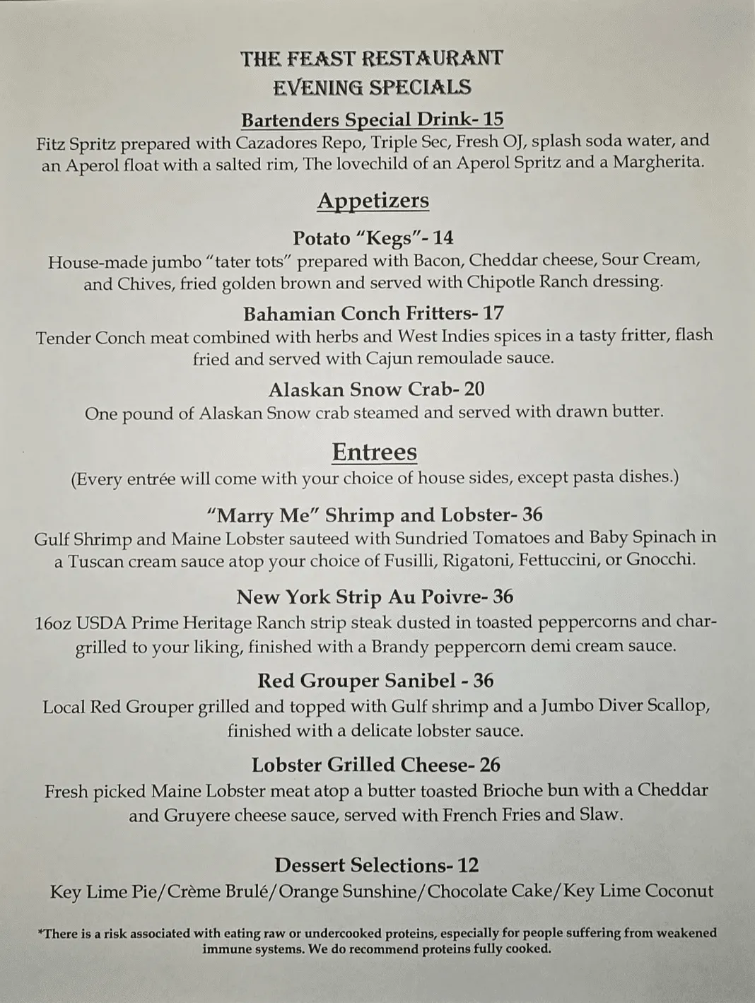 Example of The Feast Evening Specials 8 11 25