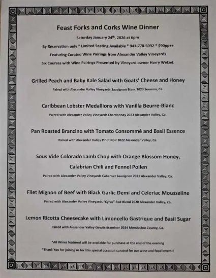Forks and Corks Wine Dinner menu at The Feast January 24 2026