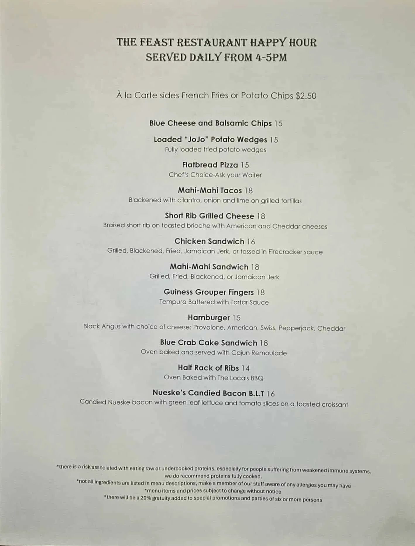 Happy Hour food menu at The Feast Restaurant on Anna Maria