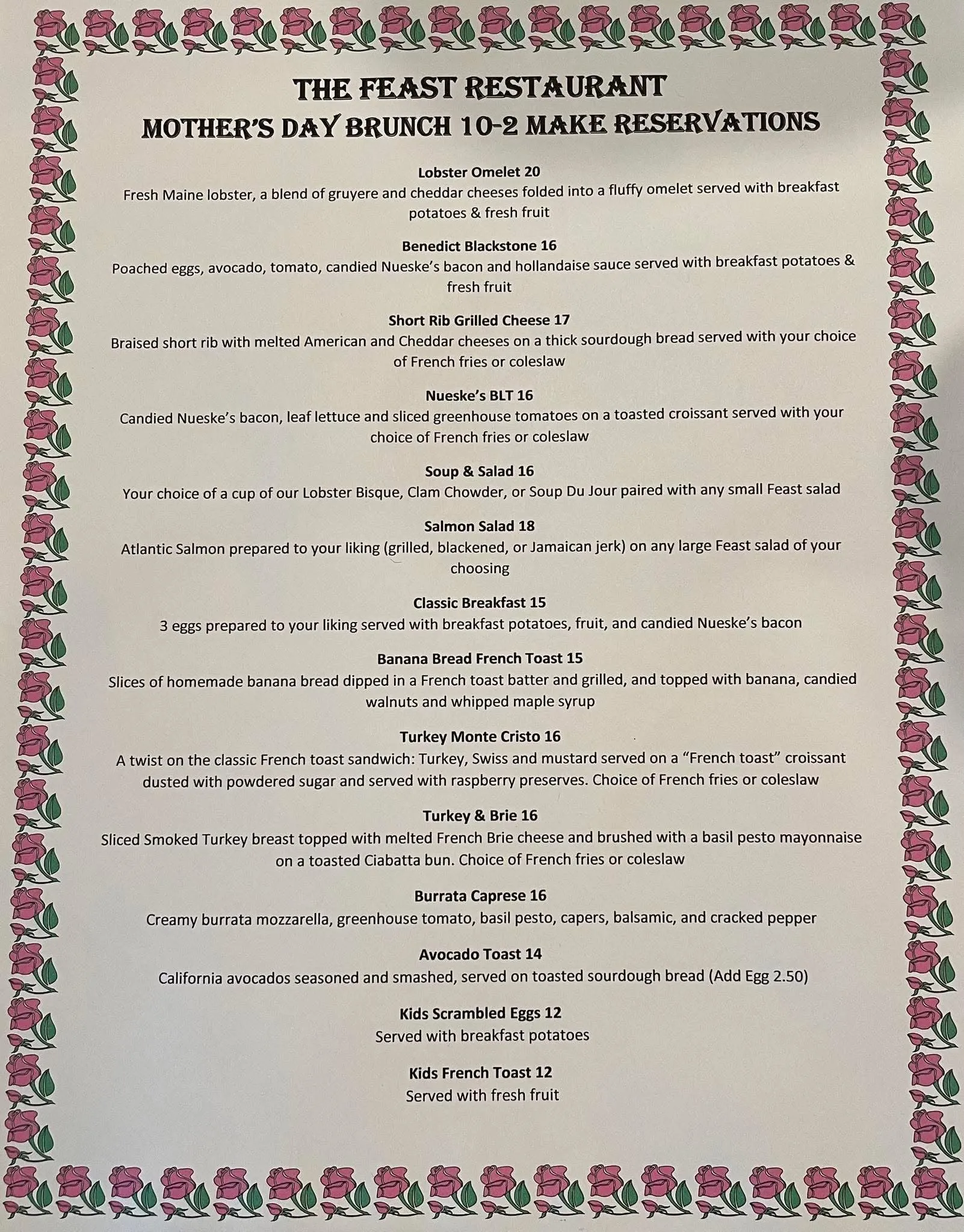Mothers Day brunch menu the feast Anna Maria