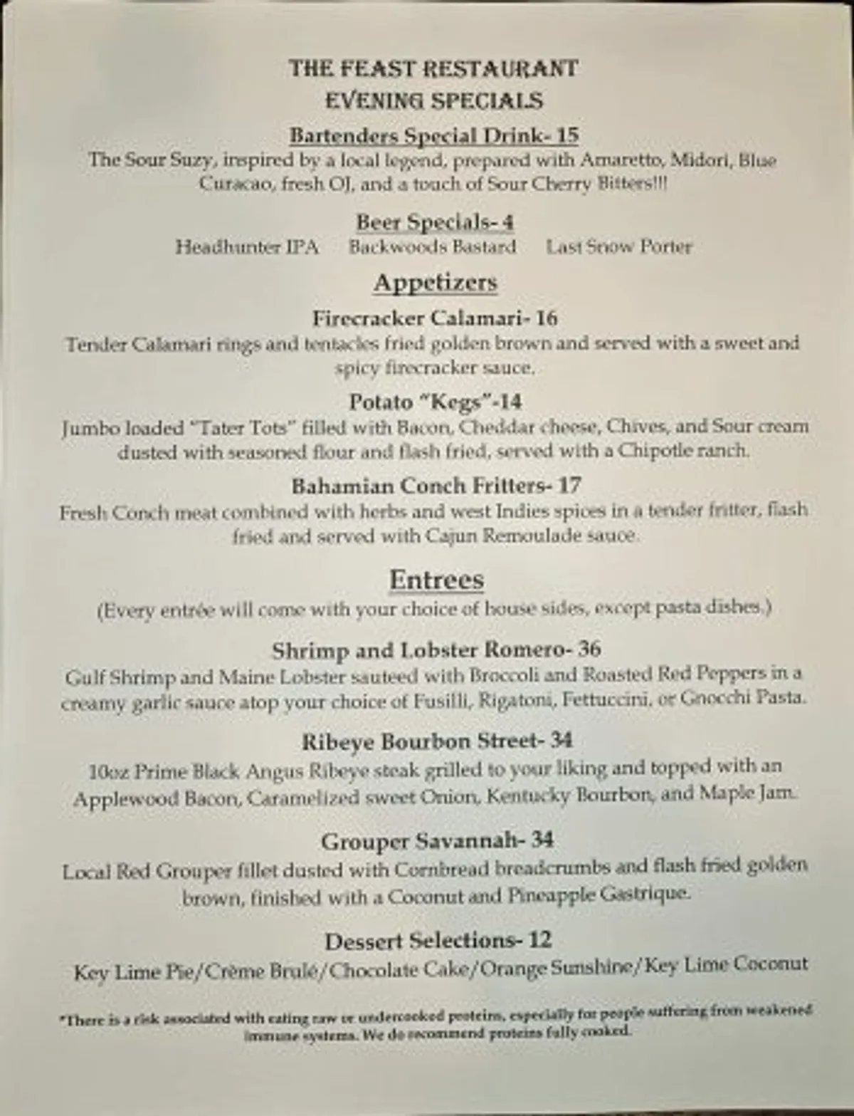 The Feast Dinner Specials Thursday 8-7-25