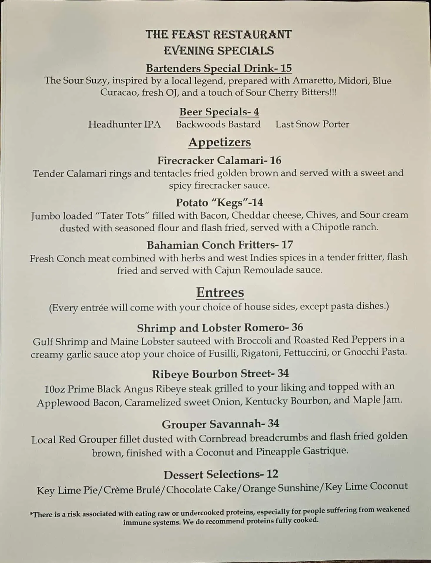 The Feast Dinner Specials Thursday 8 7 25