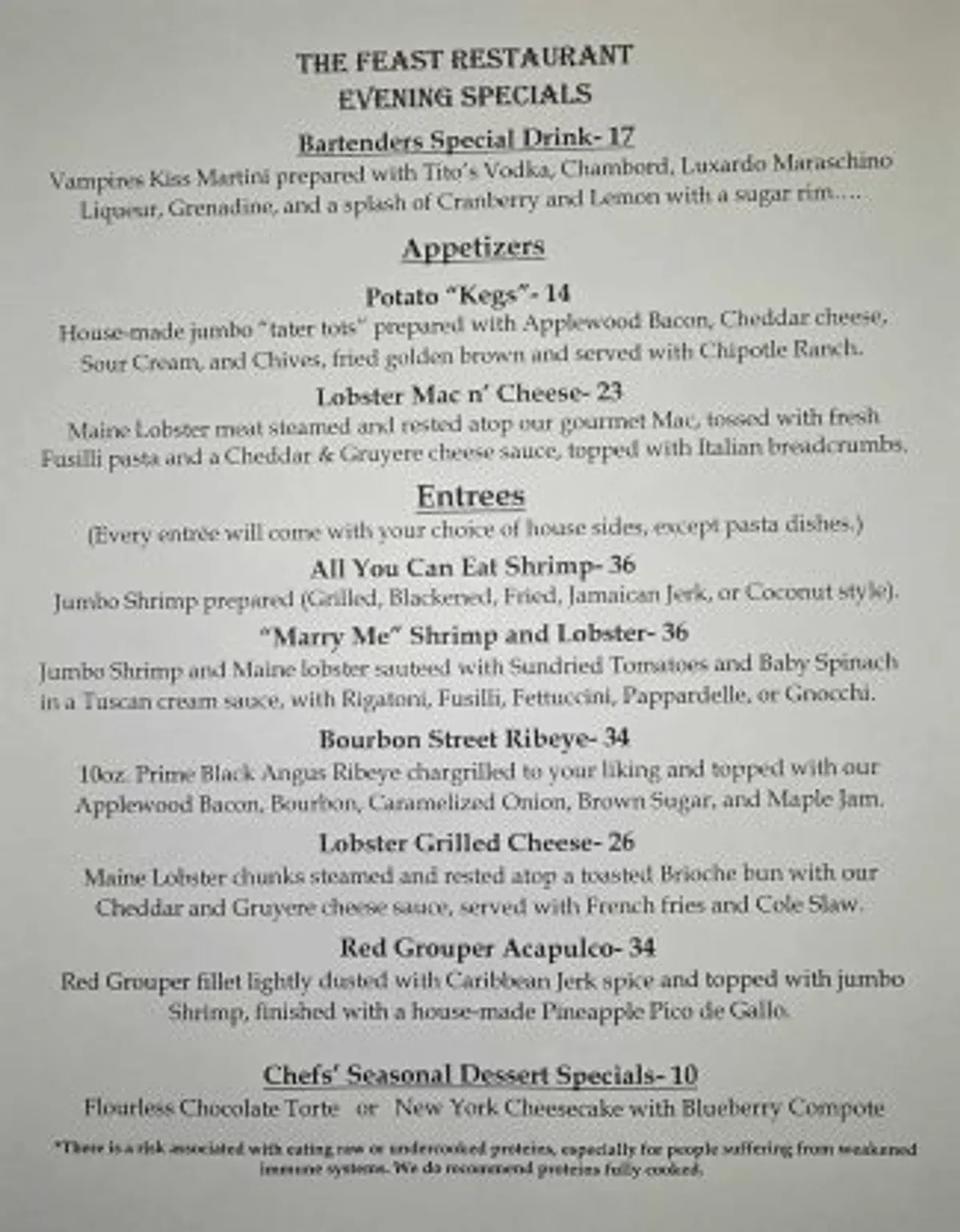 The Feast Restaurant Tuesday Specials 10-14-25