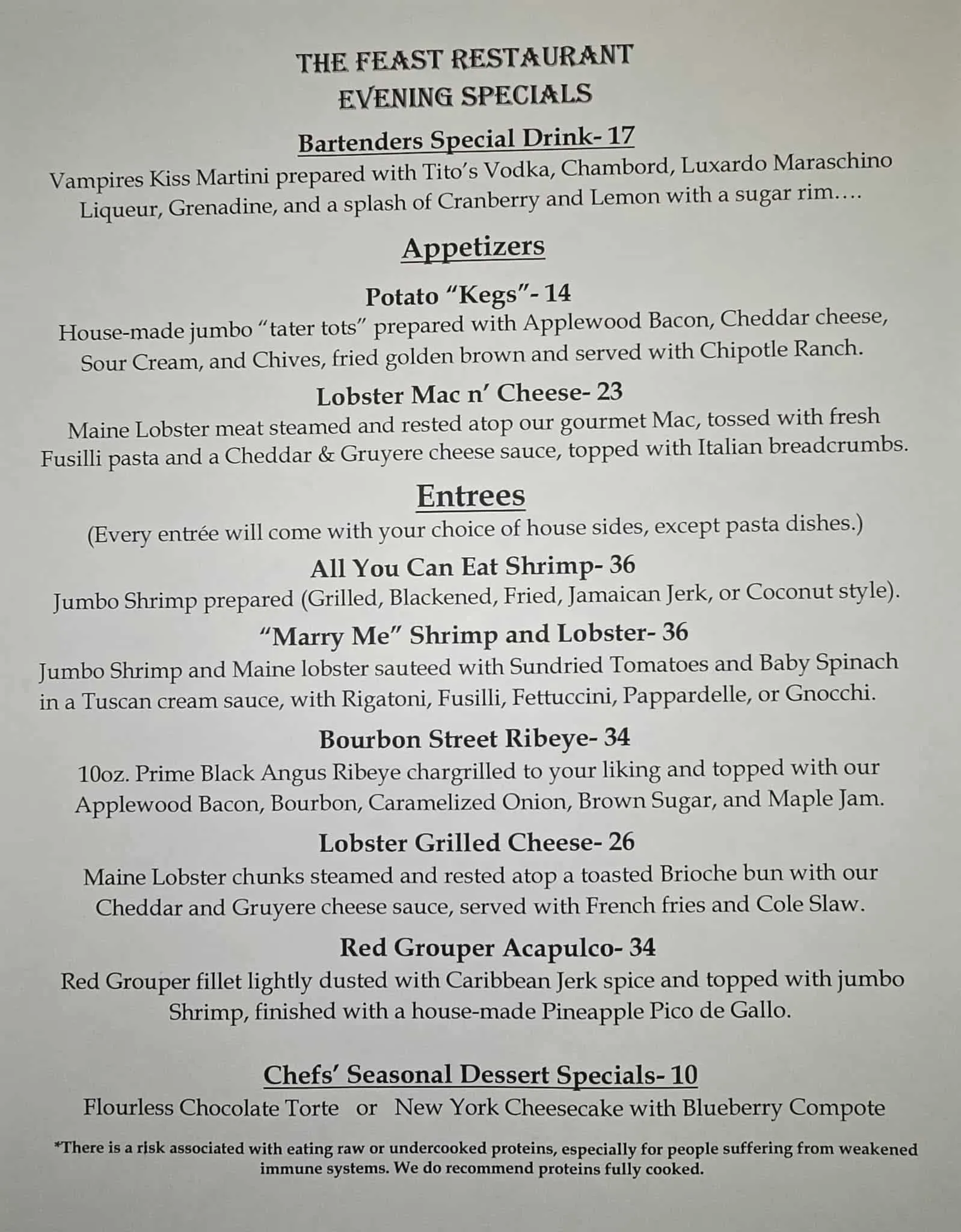 The Feast Restaurant Tuesday Specials 10-14-25
